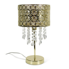 ValueLights Gold Moroccan Style Bedside Table Lamp with Acrylic Jewel Droplet Drum Lampshade - Bulb Included