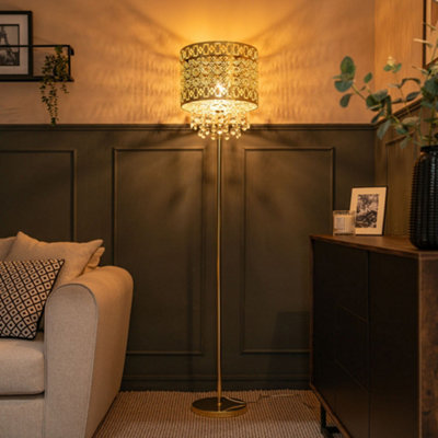 ValueLights Gold Moroccan Style Floor Lamp with Acrylic Jewel Droplet Drum Lampshade - Bulb Included