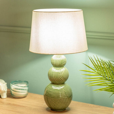 ValueLights Green Ceramic Stacked Balls Table Lamp with a White Tapered Fabric Shade - Bulbs Included