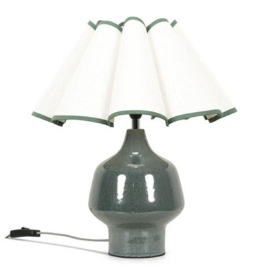 ValueLights Green Speckle Glazed Ceramic Table Lamp with a Natural Scalloped Egde Fabric Shade - Bulb Included