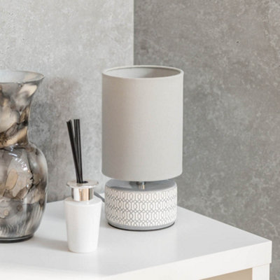 ValueLights Grey and White Etched Ceramic Table Lamp with a Fabric Lampshade Bedside Light - Bulb Included