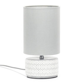 ValueLights Grey and White Etched Ceramic Table Lamp with a Fabric Lampshade Bedside Light - Bulb Included