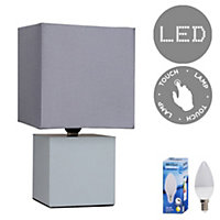 ValueLights Grey Cube Design Touch Dimmer Bedside Table Lamp With Grey Fabric Light Shade And LED Candle Bulb In Warm White