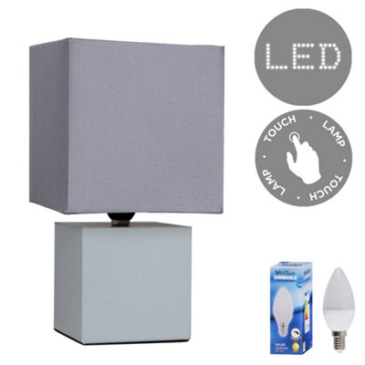 ValueLights Grey Cube Design Touch Dimmer Bedside Table Lamp With Grey Fabric Light Shade And LED Candle Bulb In Warm White