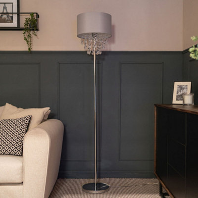 ValueLights Grey Fabric Floor Lamp with Acrylic Jewel Droplet Drum Shade