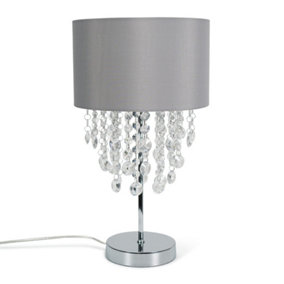 ValueLights Grey Fabric Table Lamp with Acrylic Jewel Droplet Drum Shade Bedside Lamp