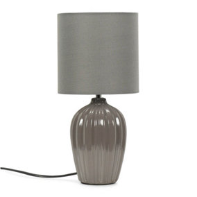 ValueLights Grey Fluted Ceramic Bedside Table Lamp with a Fabric Lampshade Bedroom Light