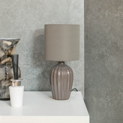 ValueLights Grey Fluted Ceramic Bedside Table Lamp with a Fabric Lampshade Bedroom Light