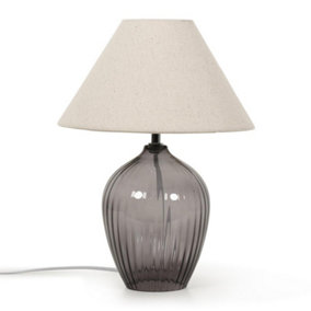 ValueLights Grey Glass Table Lamp with Fabric Tapered Lampshade Bedside Light - Bulb Included