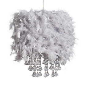 ValueLights Grey Real Feather Drum Ceiling Pendant Light Shade With Clear Acrylic Droplets