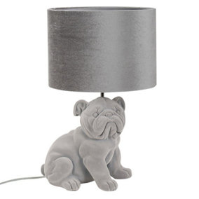 ValueLights Grey Velvet Bulldog Bedside Table Lamp with a Drum Lampshade Animal Bedroom Light - Bulb Included