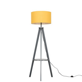 ValueLights Grey Wood Tripod Design Floor Lamp With Storage Shelf And Mustard Drum Shade
