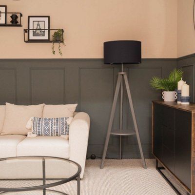 ValueLights Grey Wood Tripod Design Floor Lamp With Storage Shelf And Navy Blue Drum Shade