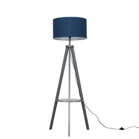 ValueLights Grey Wood Tripod Design Floor Lamp With Storage Shelf And Navy Blue Drum Shade