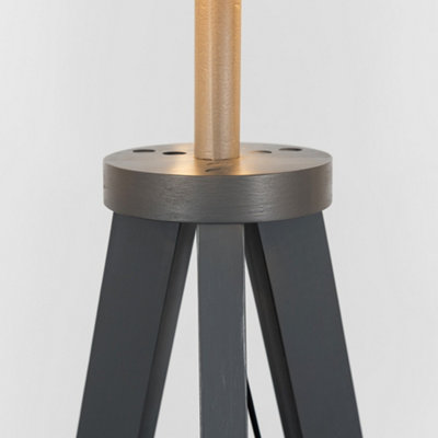 ValueLights Grey Wood Tripod Design Floor Lamp With Storage Shelf And Navy Blue Drum Shade