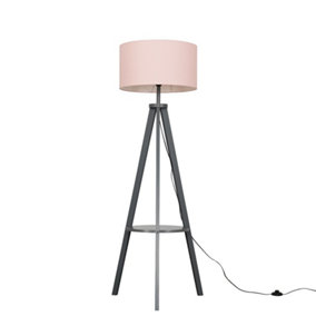 ValueLights Grey Wood Tripod Design Floor Lamp With Storage Shelf And Pink Drum Shade