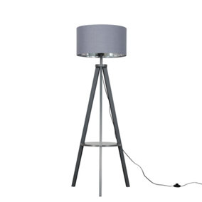 ValueLights Grey Wood Tripod Design Floor Lamp with Storage Shelf & Grey/Chrome Drum Shade Complete With 6w LED Bulb In Warm White