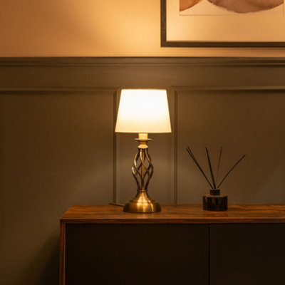 ValueLights Hanya Pair of Antique Brass Twist Table Lamps with a Fabric Lampshade Bedroom Bedside Light - Bulbs Included