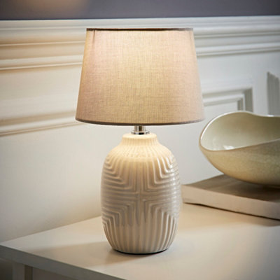 ValueLights Harrison Tapered Shade Grey Geo Ribbed Pattern Gloss Small Table Lamp with Bulb