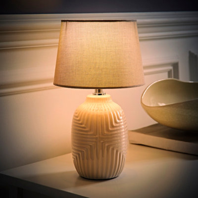 ValueLights Harrison Tapered Shade Grey Geo Ribbed Pattern Gloss Small Table Lamp with Bulb