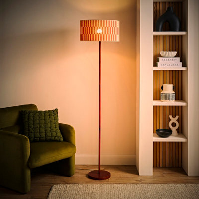 ValueLights Heather Dark Wood Floor Lamp with Orange Checkerboard