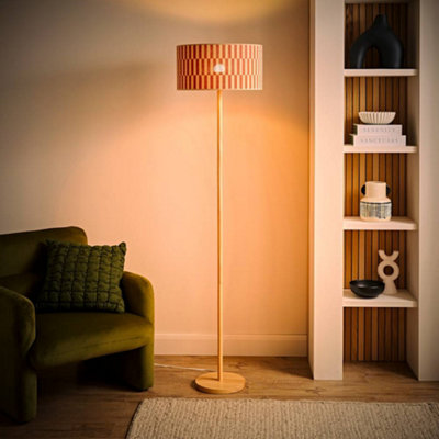 ValueLights Heather Light Wood Floor Lamp with Orange Checkerboard ...