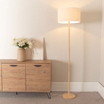 ValueLights Heather Light Wood Stem Floor Lamp with Natural White Trim Drum Shade and LED Bulb