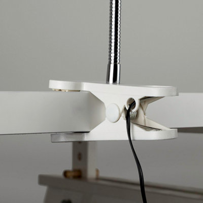 ValueLights Huey Single Gloss White and Chrome Clamp Clip On LED Desk Spotlight Adjustable Table Light