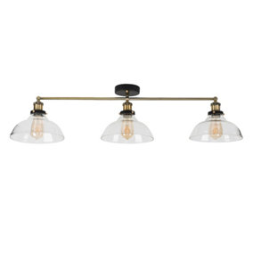 ValueLights Industrial 3 Way Black And Gold Steampunk Ceiling Light Fitting With Glass Light Shades