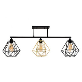 ValueLights Industrial 3 Way Satin Black Pipework Ceiling Light With Black And Gold Cage Shades