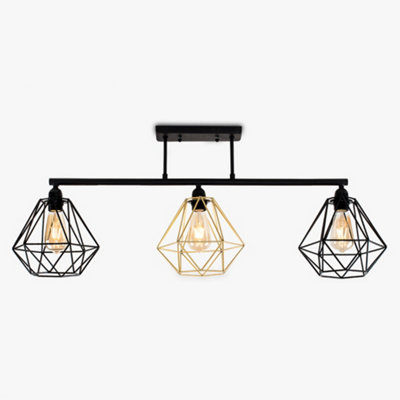 ValueLights Industrial 3 Way Satin Black Pipework Ceiling Light With Black And Gold Cage Shades
