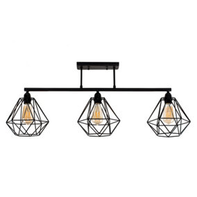 ValueLights Industrial 3 Way Satin Black Pipework Ceiling Light With Black Cage Shades