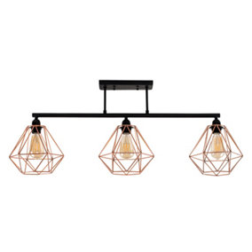 ValueLights Industrial 3 Way Satin Black Pipework Ceiling Light With Copper Cage Shades