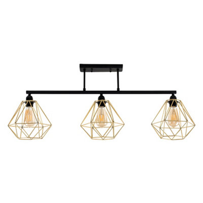 ValueLights Industrial 3 Way Satin Black Pipework Ceiling Light With Gold Cage Shades