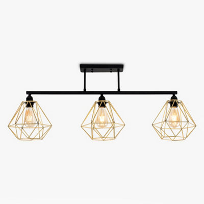 ValueLights Industrial 3 Way Satin Black Pipework Ceiling Light With Gold Cage Shades