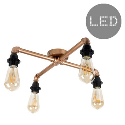 ValueLights Industrial 4 Way Copper Metal Pipework Ceiling Light - Complete with 4w LED Filament Bulbs 2700K Warm White