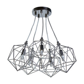 ValueLights Industrial 5 Way Geometric Chrome Wire Basket Cage Ceiling Pendant Light Fitting - Including Bulbs