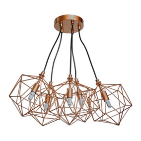 ValueLights Industrial 5 Way Geometric Copper Wire Basket Cage Ceiling Pendant Light Fitting With LED G9 Bulbs In Warm White