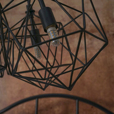 ValueLights Industrial 5 Way Geometric Matt Black Wire Basket Cage Ceiling Pendant Light Fitting