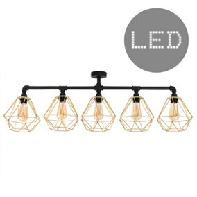 ValueLights Industrial 5 Way Satin Black Pipework Bar Ceiling Light with Gold Basket Shade - Including Bulbs