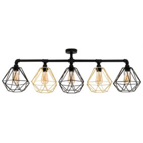 ValueLights Industrial 5 Way Satin Black Pipework Ceiling Light With Black And Gold Cage Shades