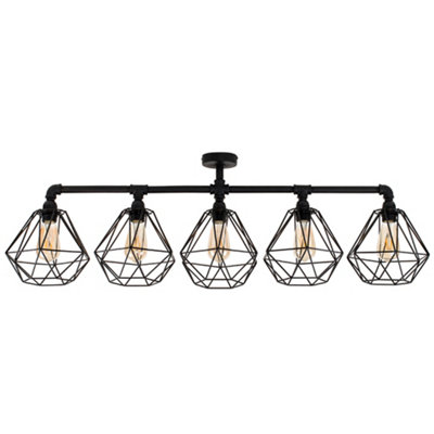 ValueLights Industrial 5 Way Satin Black Pipework Ceiling Light With Black Cage Shades