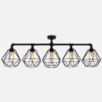 ValueLights Industrial 5 Way Satin Black Pipework Ceiling Light With Black Cage Shades