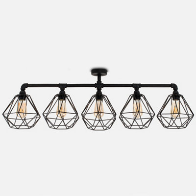 ValueLights Industrial 5 Way Satin Black Pipework Ceiling Light With Black Cage Shades