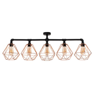 ValueLights Industrial 5 Way Satin Black Pipework Ceiling Light With Copper Cage Shades