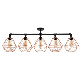 ValueLights Industrial 5 Way Satin Black Pipework Ceiling Light With Copper Cage Shades