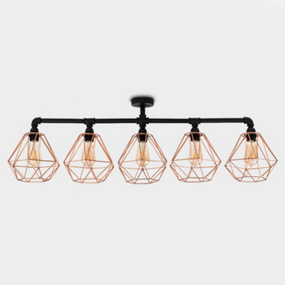 ValueLights Industrial 5 Way Satin Black Pipework Ceiling Light With Copper Cage Shades
