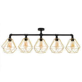 ValueLights Industrial 5 Way Satin Black Pipework Ceiling Light With Gold Cage Shades