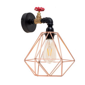 ValueLights Industrial Antique Brass Satin Black Pipework And Red Tap Wall Light With Copper Metal Light Shade