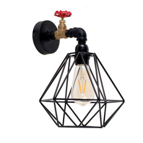 ValueLights Industrial Antique Brass Satin Black Pipework And Red Tap Wall Light With Metal Shade